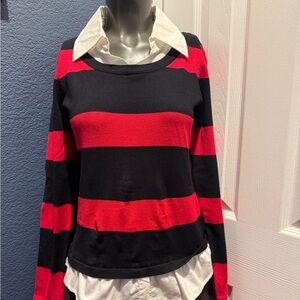INC International Concepts Red and Black Striped V-Neck Sweater with White Shirt